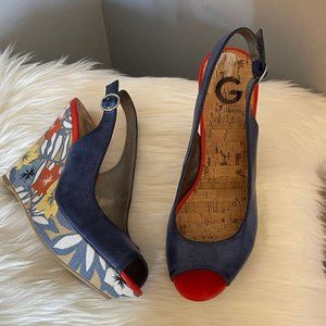 G by Guess Blue Floral Wedge Shoes Size 8